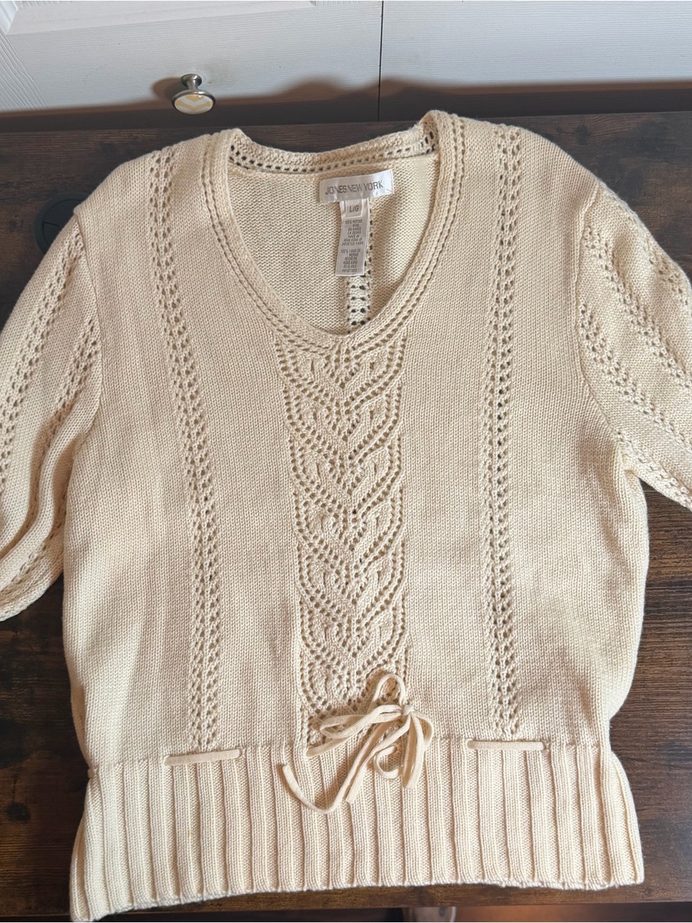 Jones New York Large Cream 100% Merino Wool Open Knit V-Neck Sweater - Picture 11 of 13